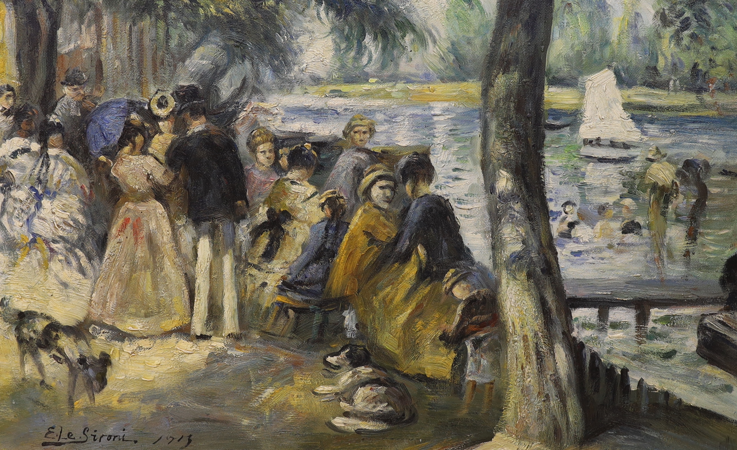 E. Le Saroni, oil on board, Figures at a boating park, bears signature and date 1913, 34 x 56cm